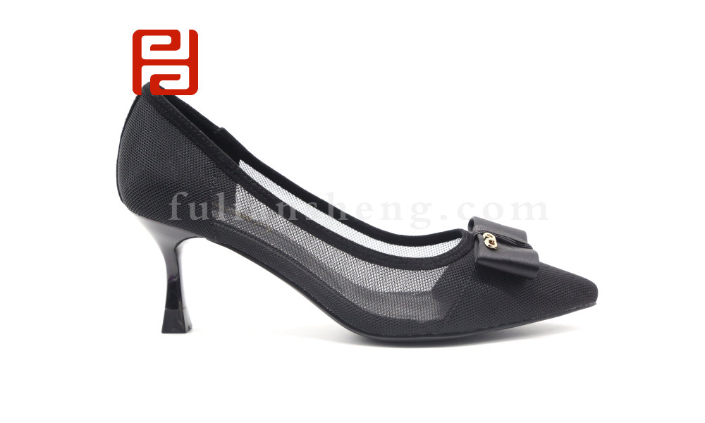 福連升夏季蝴蝶結小香風裸色網紗細跟涼鞋女淺口中跟女鞋圖片